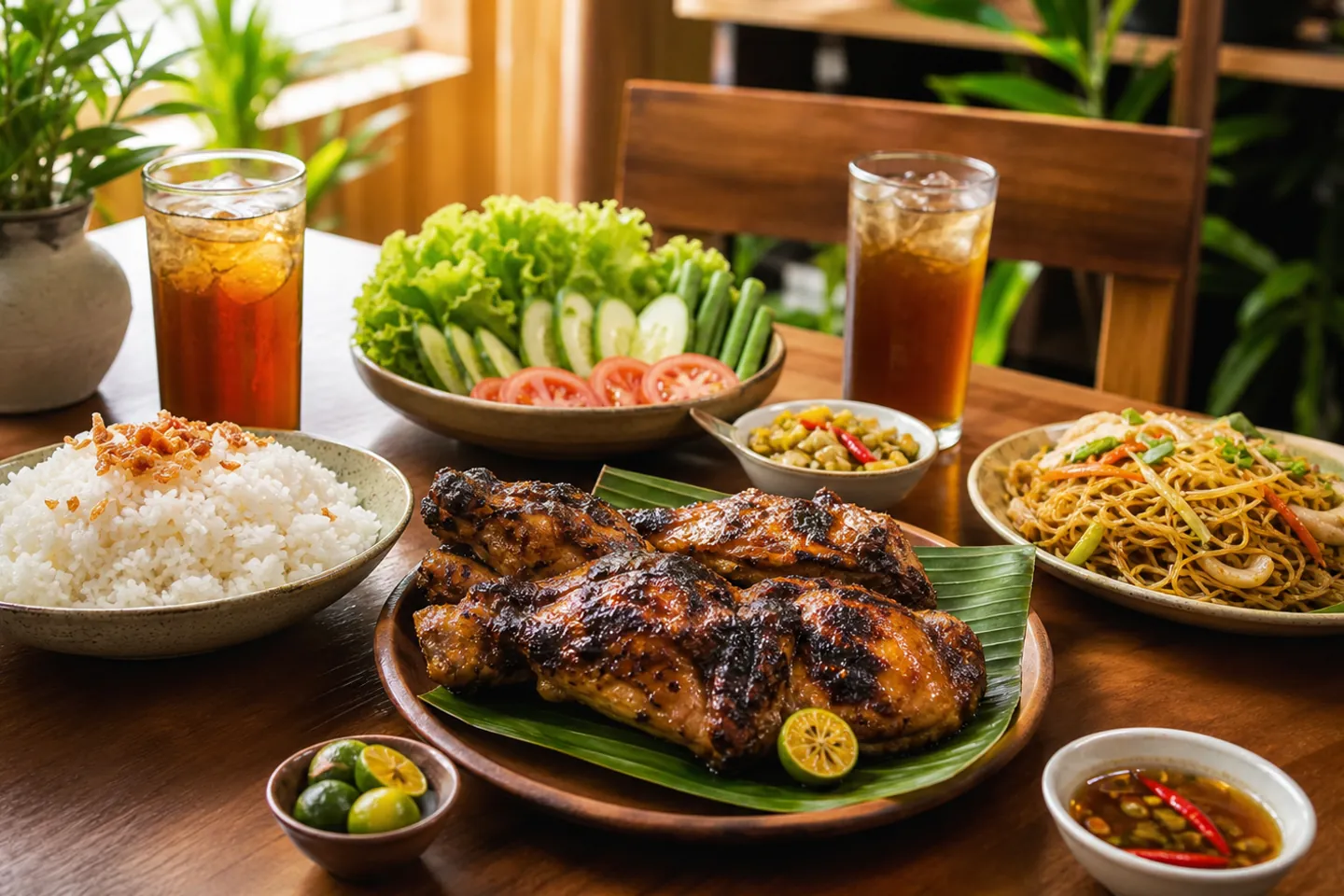 A table of local rice meals, vegetables, noodles, and cool drinks