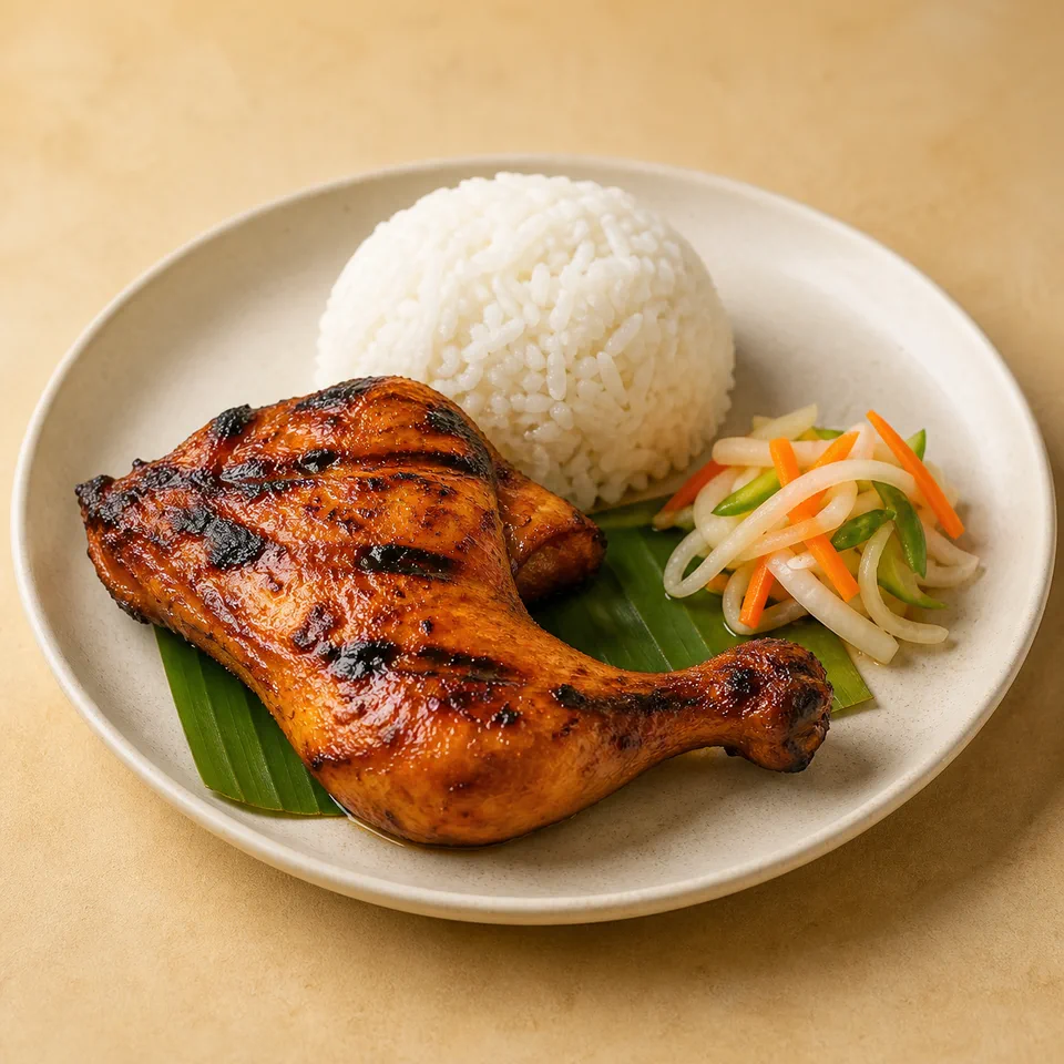 A grilled chicken and rice meal with fresh sides