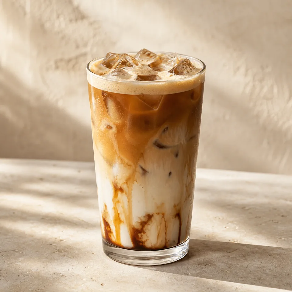An iced muscovado coffee in a clear glass