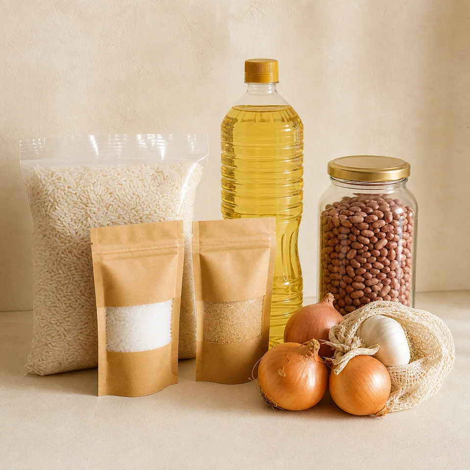 Unbranded pantry staples grouped in simple product packaging