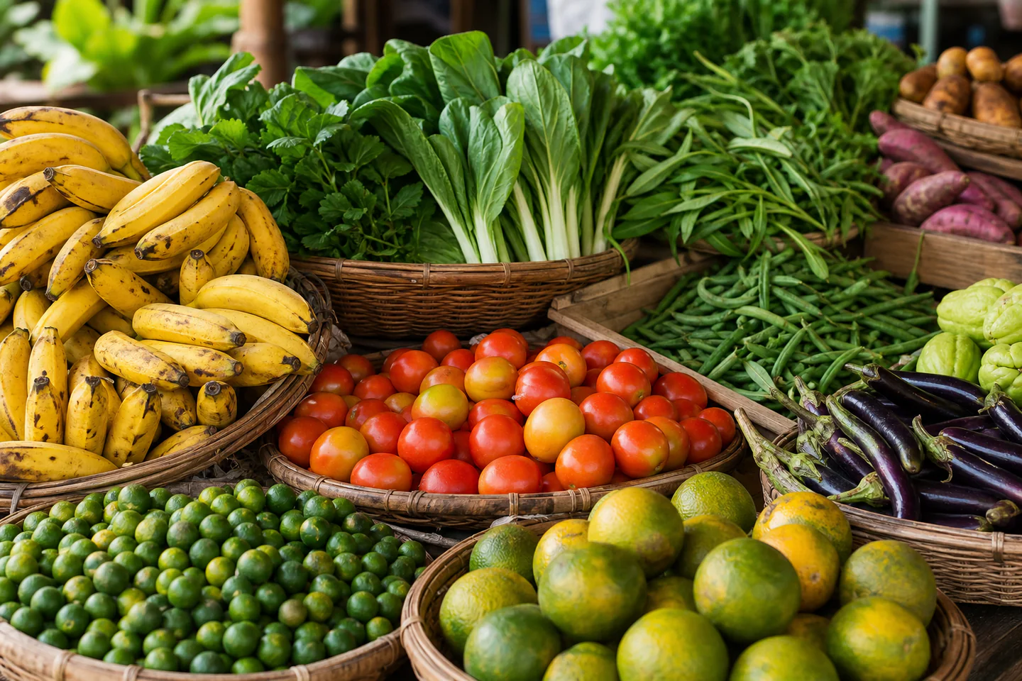 Fresh vegetables and market produce arranged in baskets