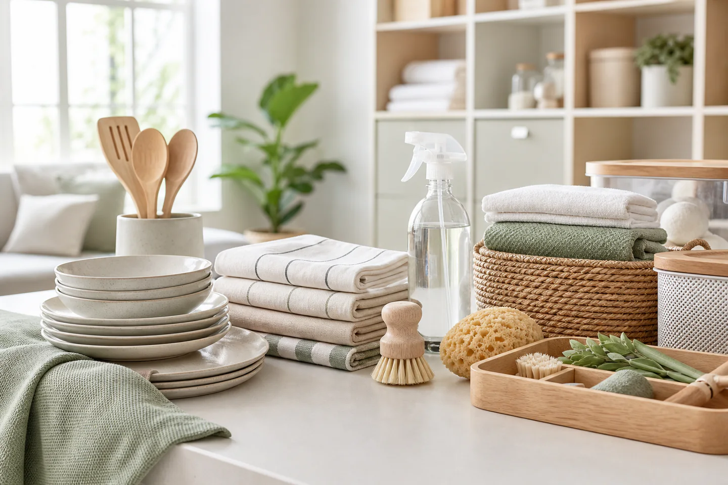 Organized home essentials in a warm local shop setting