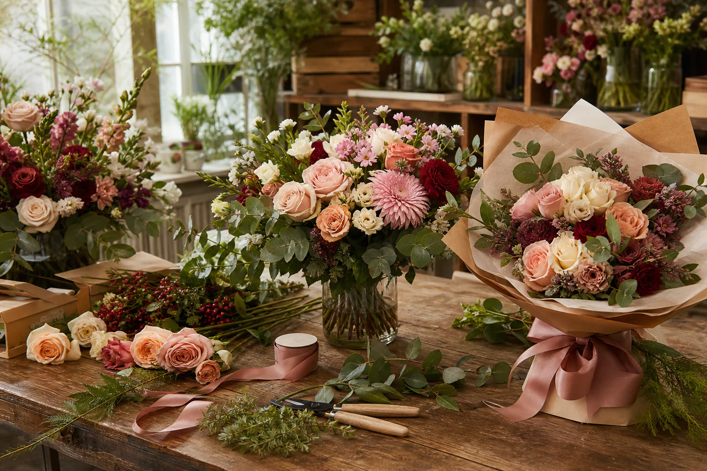 A colorful arrangement of flowers prepared as a gift