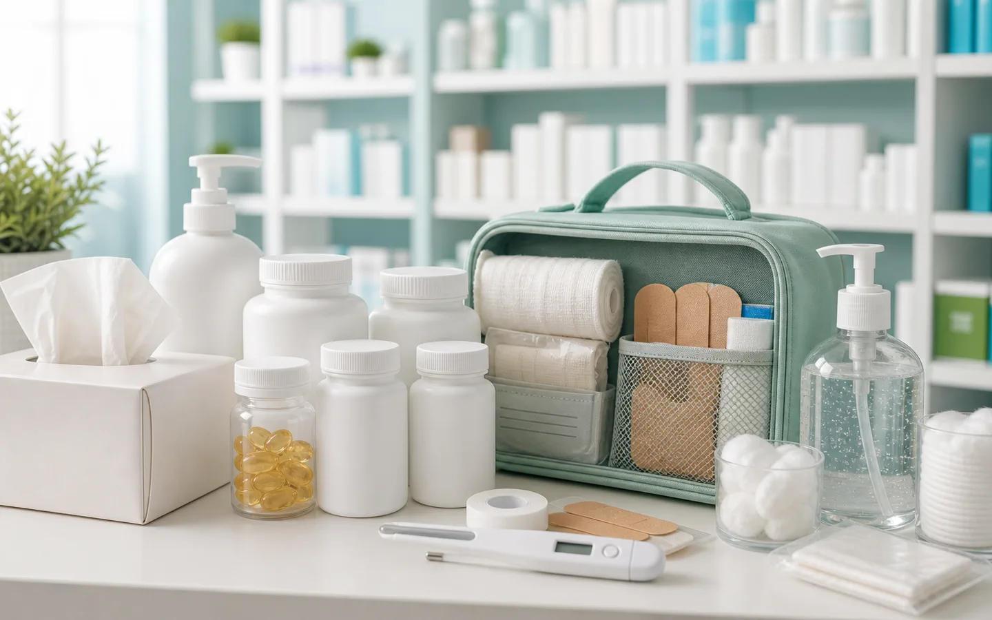 Everyday pharmacy and wellness essentials on a clean counter
